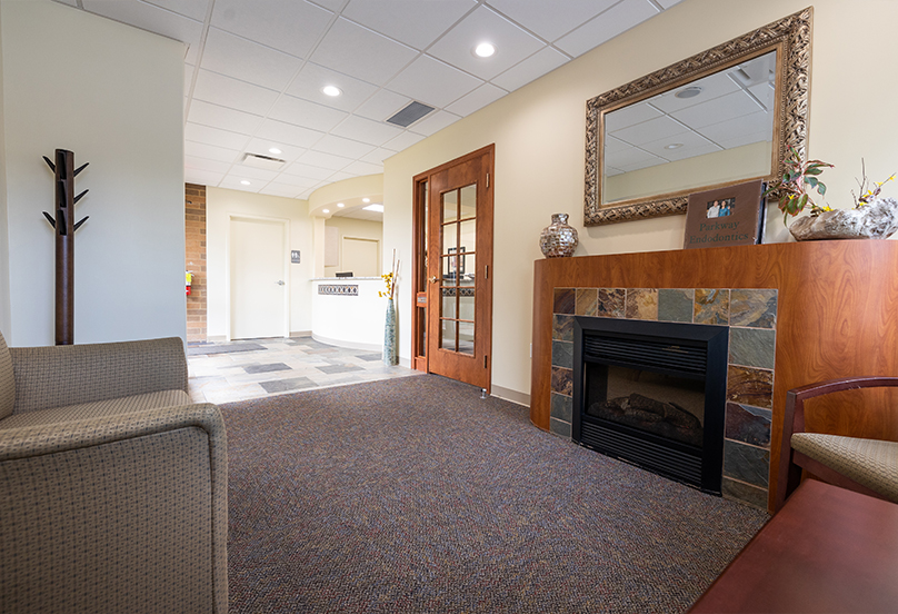 Reception area with front desk in background