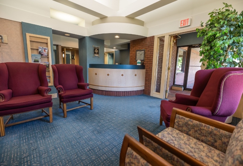 Reception area with blue walls